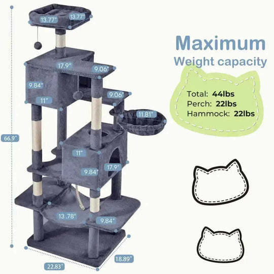 66 Inch Cat Tree Tower, Large Multi-Cat Climbing Extended Platform, Hammock, Pet House For Indoor Cats And Kittens Play -...