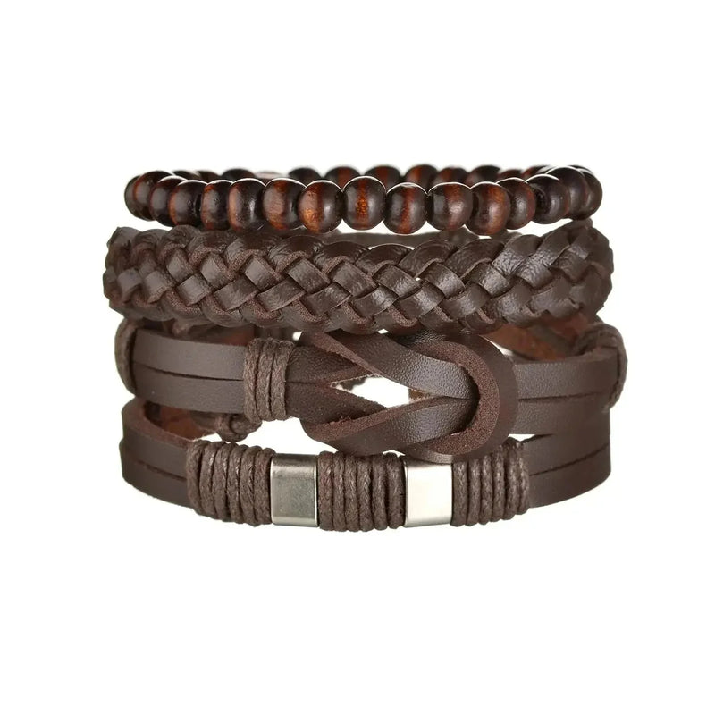 braided leather bracelet for men | vintage charm wood beads | adjustable wrap wristband | energy saving
