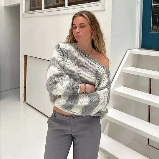 Loose Striped Pullover Sweater Fashion Versatile Long-sleeved Knitted Tops For Women Clothing S - close-up detail shot