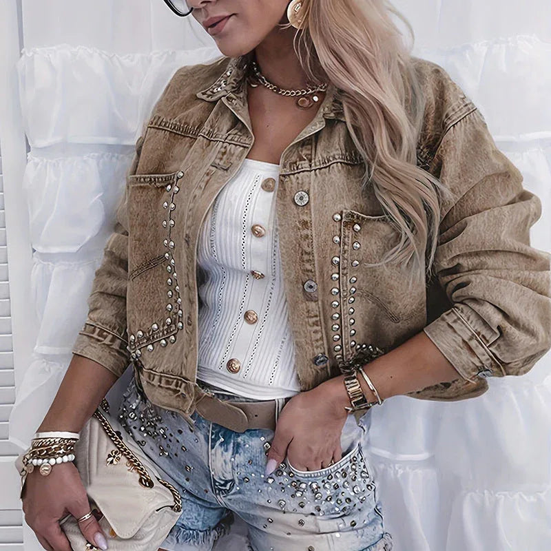Women's Long Sleeve Rivet Studded Denim Jacket Casual Cropped Short Jean Coat Meifu Market
