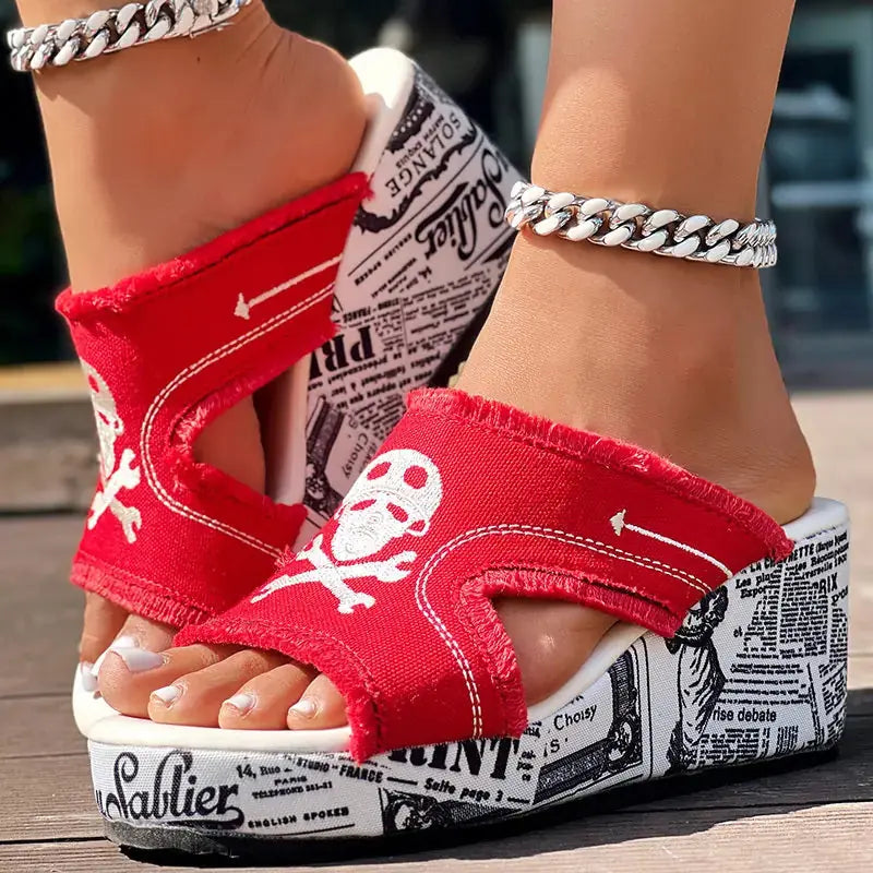 Newspaper Skull Original Hem Platform Wedge Slides - Anklet Not Included Meifu Market