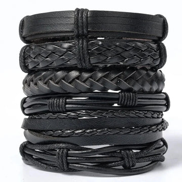 vintage leather bracelet for men | woven leather bracelet set | punk style charm bracelet | energy saving