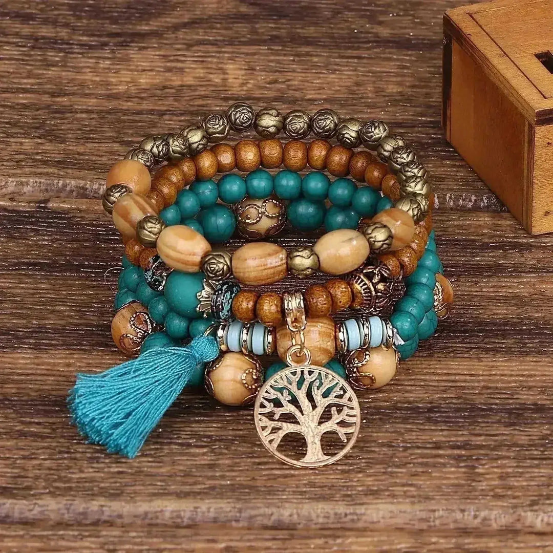 Boho Tree of Life Bracelet Set - 4 Piece Wooden Beads Elastic Bangle with Tassels Charm for Women - Meifu Market