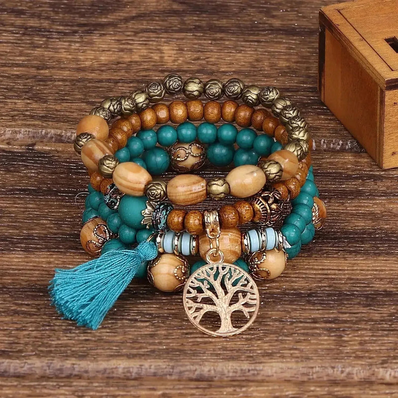 elastic bangle bracelet set | wooden beads jewelry | adjustable tree of life bracelet | ultrasonic cleaning