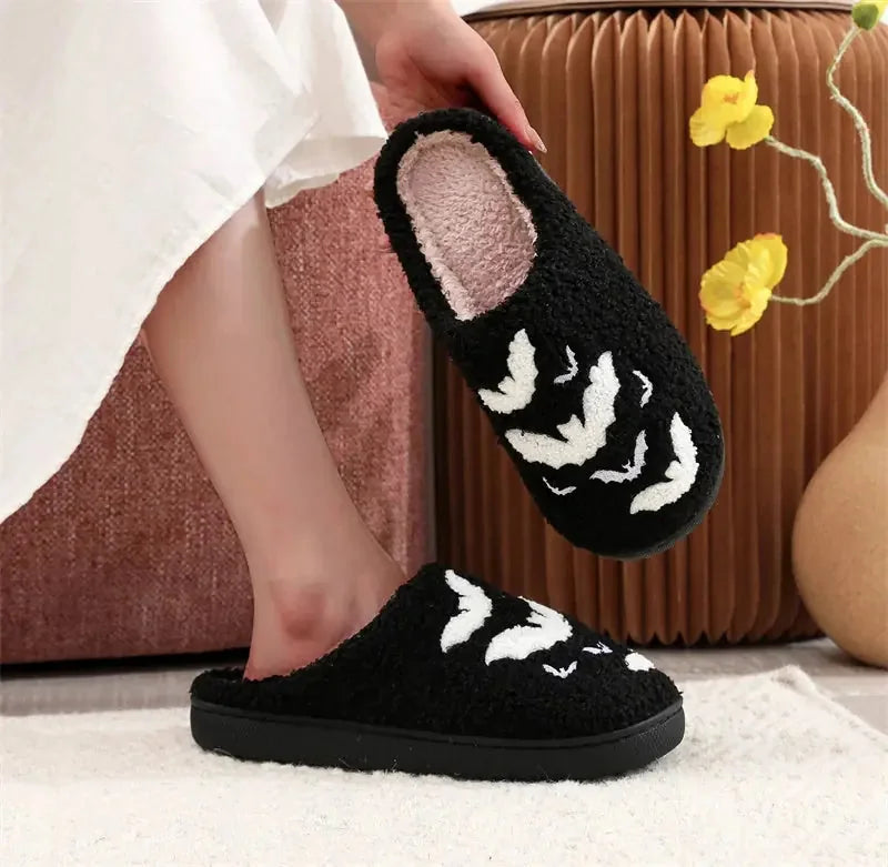 plush bat slippers | horror-themed house shoes | cozy halloween slippers | ultrasonic cleaning
