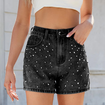 stretch denim fabric | high-waisted shorts | mid-thigh length | energy saving