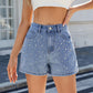 stretch denim fabric | high-waisted shorts | mid-thigh length | energy saving