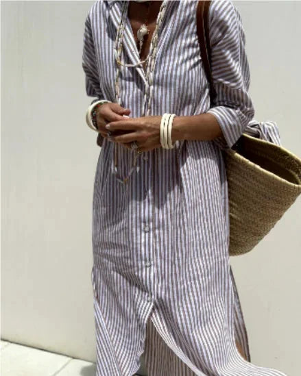 striped shirt dress with belt | half-sleeve button down dress | lapel collar cardigan dress | ultrasonic cleaning