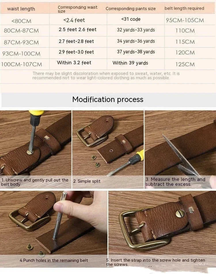 thick full-grain cowhide belt | solid brass roller buckle | heavy-duty leather belt | ultrasonic cleaning