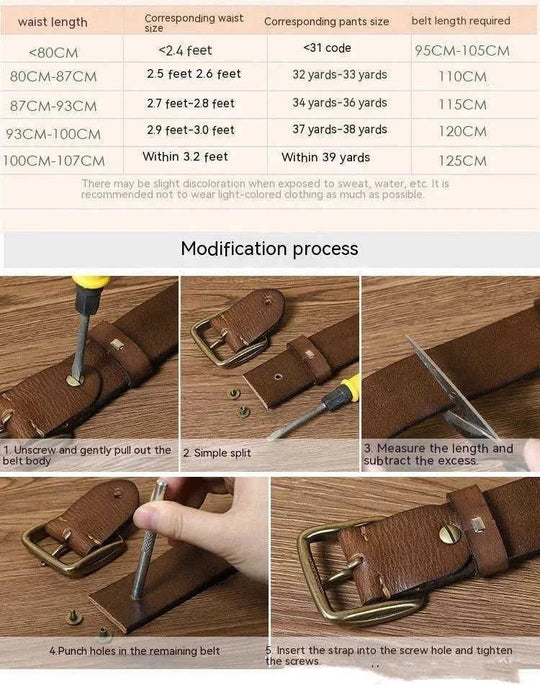 thick full-grain cowhide belt | solid brass roller buckle | heavy-duty leather belt | ultrasonic cleaning