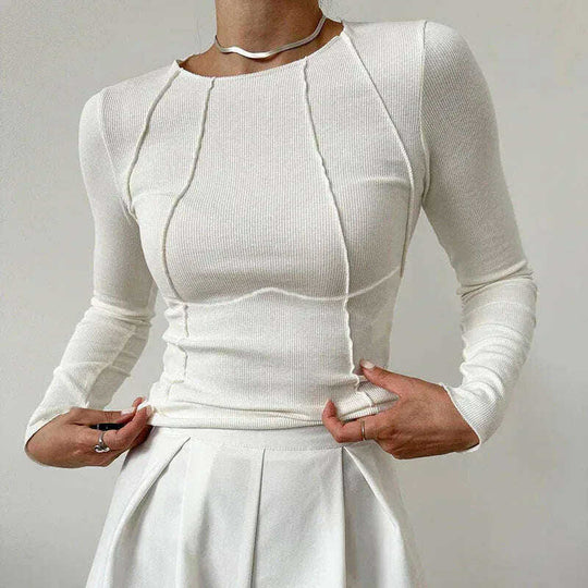 Slim Long Sleeve T-shirt Fashion Solid Color Split Thread Knitted Top Womens Clothing Meifu Market