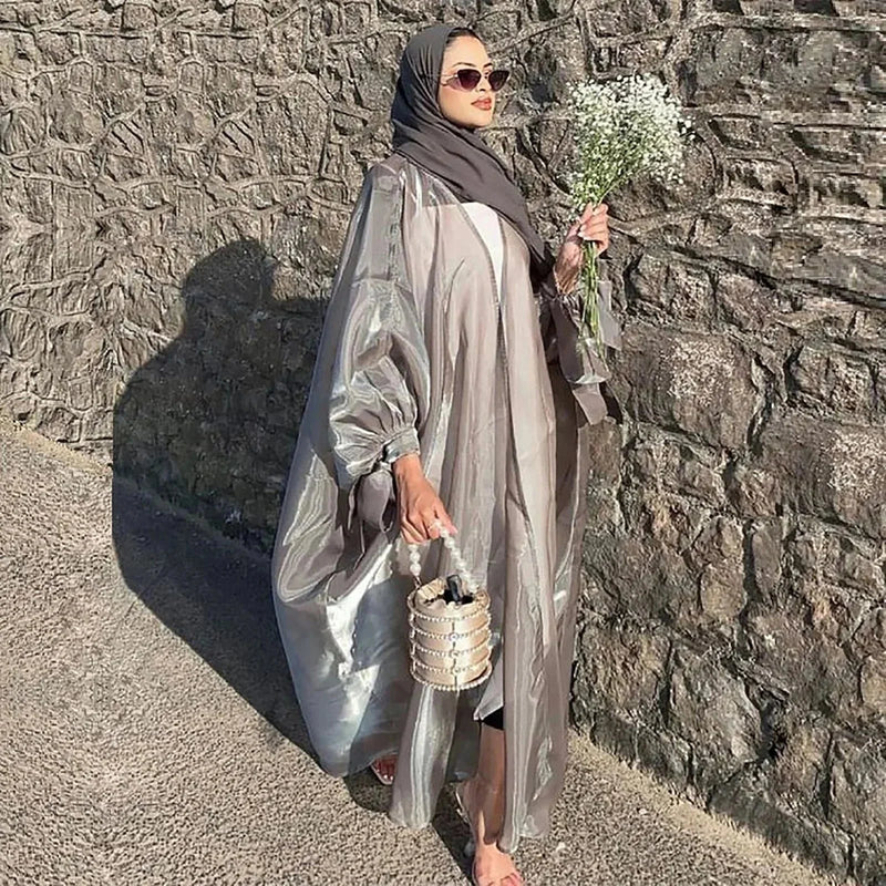 lace-up satin cardigan robe | open front abaya with bow | lily satin kimono robe | energy saving