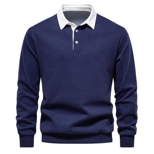Men's Fashion Casual Versatile Long Sleeves Polo Collar Sweater Navy Blue - color variant display