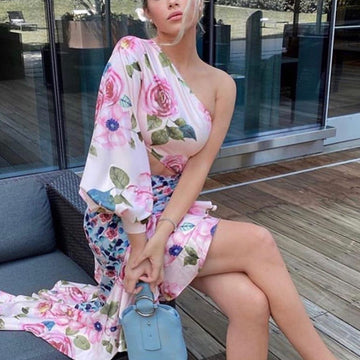 Women's Long Dress Asymmetric Tube Top Single Sleeve Waist-tight Floral Stitching Meifu Market