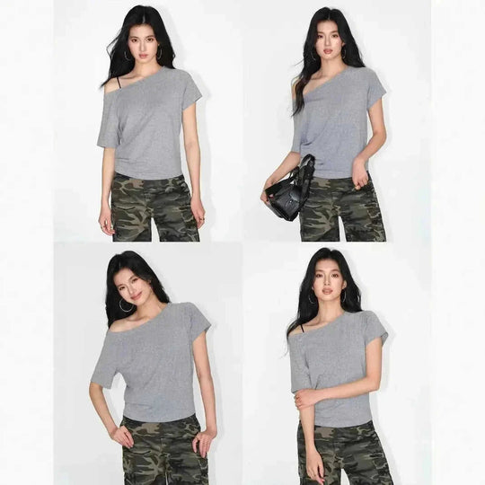 loose oblique shoulder top | short sleeve womens blouse | breathable cotton fabric | energy saving
