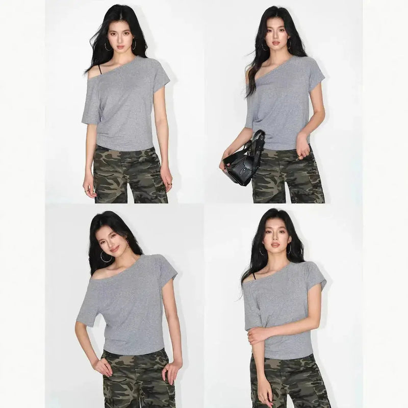 loose oblique shoulder top | short sleeve womens blouse | breathable cotton fabric | energy saving