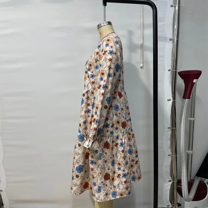 Women's Floral Print Boho Dress, Round Neck Smocked Cuff Sleeve Midi Dress With Patchwork Design For Spring And Fall Meifu Market
