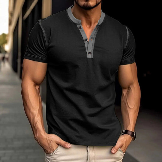 Fashion Short-sleeved Polo Shirt Summer Button V-neck T-shirt Tops Mens Clothing Dark Grey - available style options