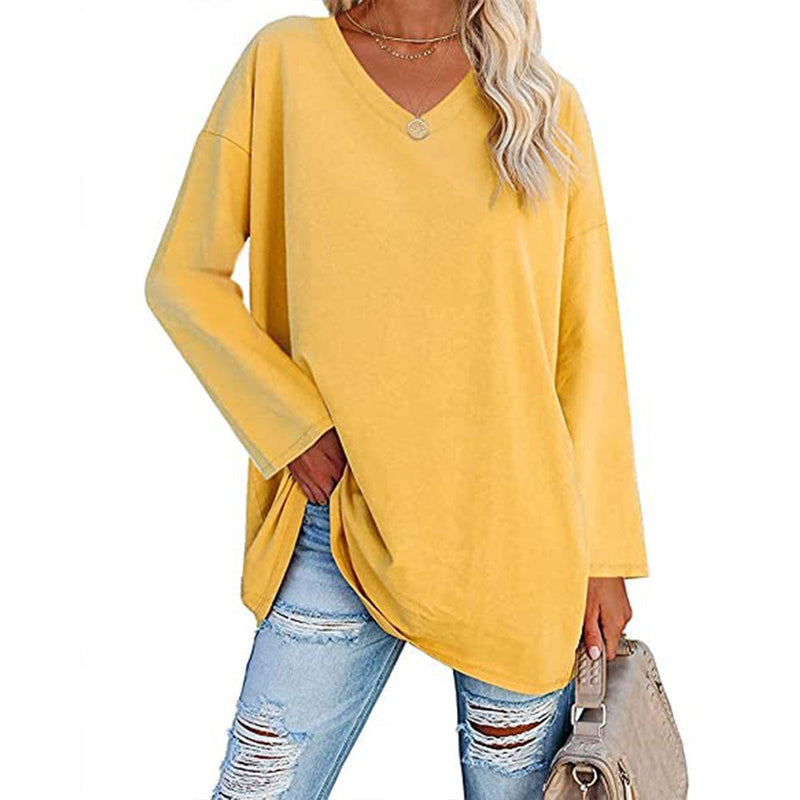 Solid Color Loose Drop Shoulder Sleeve V Neck Long Sleeve Blouse Meifu Market