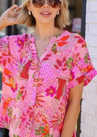 floral print blouse | rose jungle print top | v-neck blouse women | energy saving