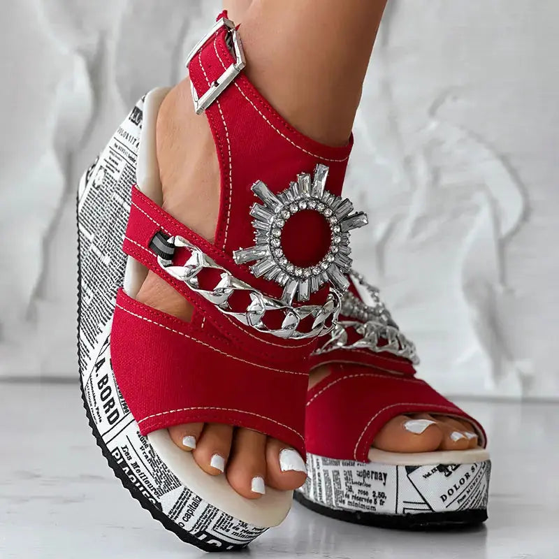 Newspaper Buckle Denim Wedge Slides - Anklet Not Included Meifu Market