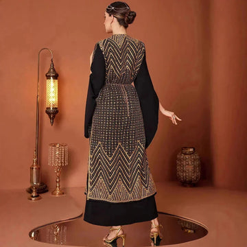 vintage gold embroidery robe | black abaya with embroidery | two piece prayer dress set | ultrasonic cleaning