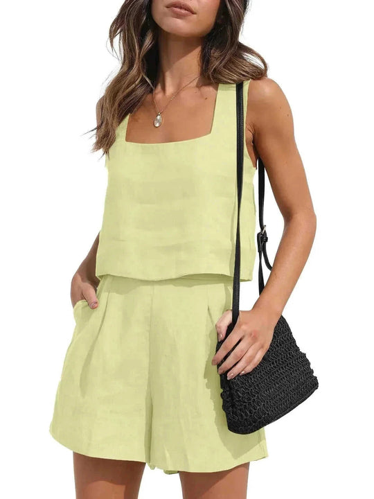 square neck top and shorts set | polyester spandex lounge set | summer casual two piece outfit | ultrasonic cleaning
