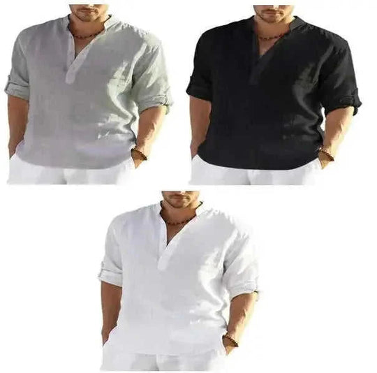 cotton linen blend fabric | loose fit long sleeve shirt | mens casual solid color shirt | ultrasonic cleaning