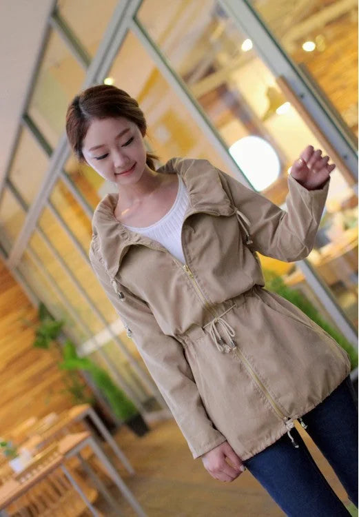 water-repellent trench coat | drawstring waist coat | lightweight outerwear women | energy saving