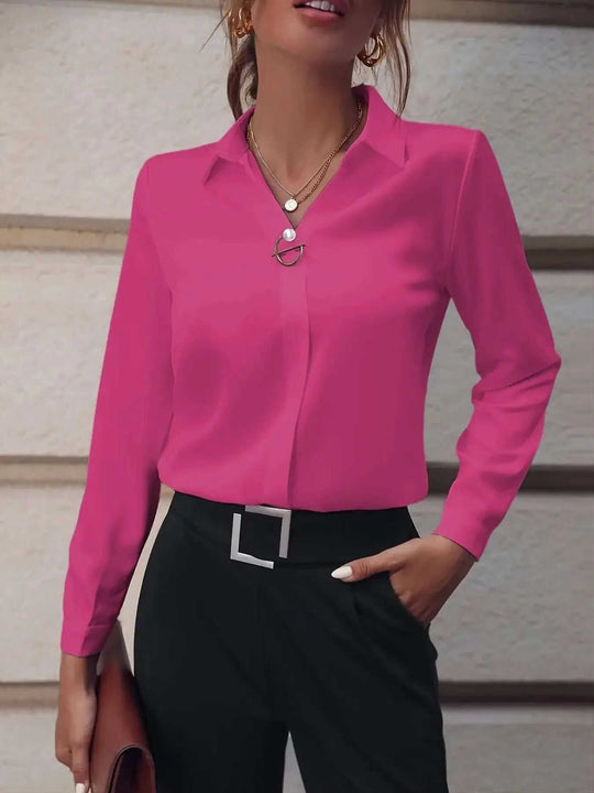 Commuter V-neck Long-sleeved Shirts Ins Fashion Solid Color Pullover Top Autumn And Spring Women's Clothing Meifu Market