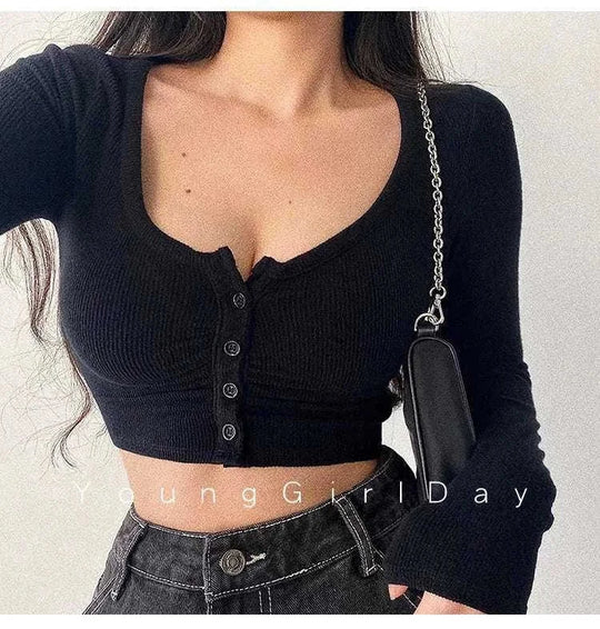 stretchable crop top | slim-fit long sleeve tee | breathable cotton fabric | ultrasonic cleaning