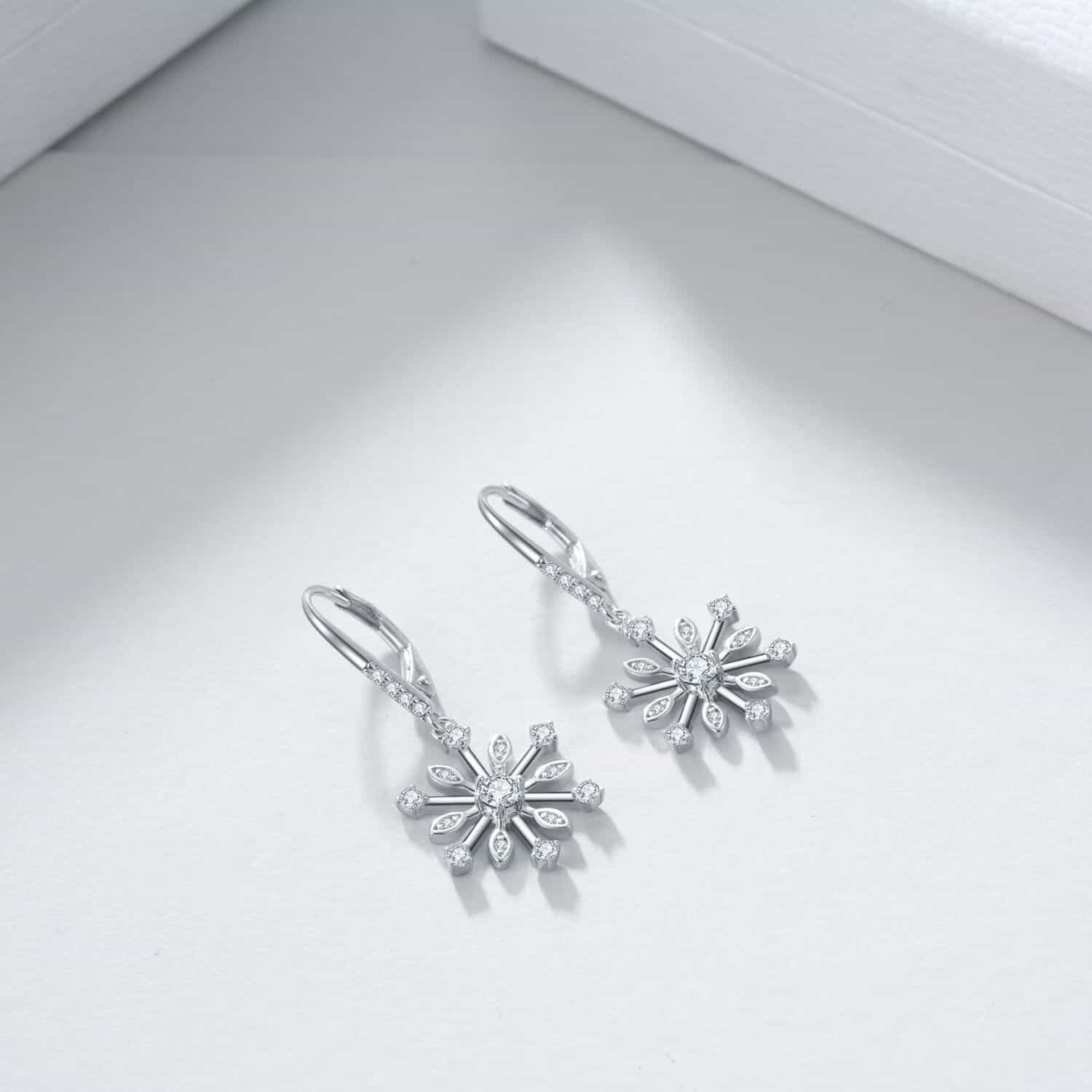 Sterling Silver Zirconia Snowflake Leverback Dangle Drop Earrings Jewelry 
