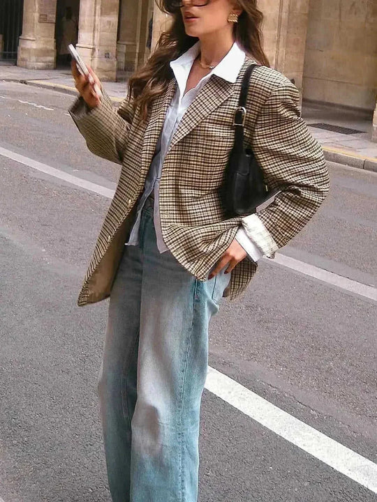 elegant plaid blazer for women | wool blend blazer jacket | office work blazer with pockets | energy saving