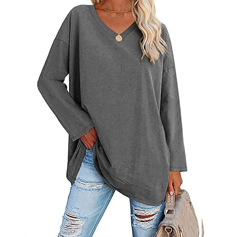 Solid Color Loose Drop Shoulder Sleeve V Neck Long Sleeve Blouse Meifu Market