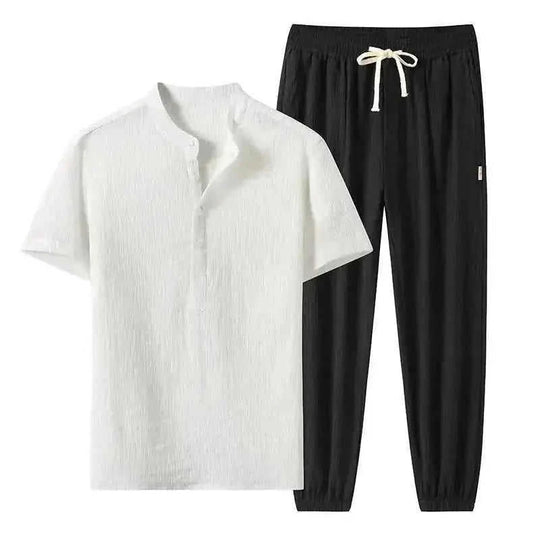 cotton linen blend fabric | short sleeve suit set | breathable summer suit | ultrasonic cleaning