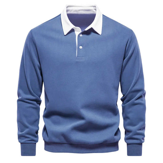 Men's Fashion Casual Versatile Long Sleeves Polo Collar Sweater Navy Blue - available style options