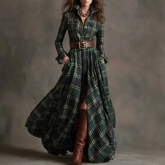 French Retro Plaid Dress - Plus Size Belted Waist Irregular Hem Dress Meifu Market
