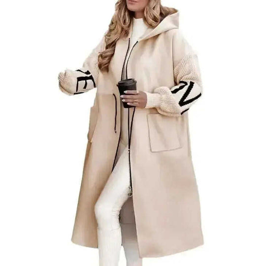 Hooded Windbreaker Long Jacket With Pockets And Drawstring Design Solid Color Knit-Sleeved Trench Coat For Women Clothing Fall Winter Meifu Market