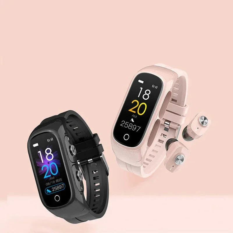 wireless earbuds integrated | stainless steel case | ip68 waterproof fitness tracker | energy saving