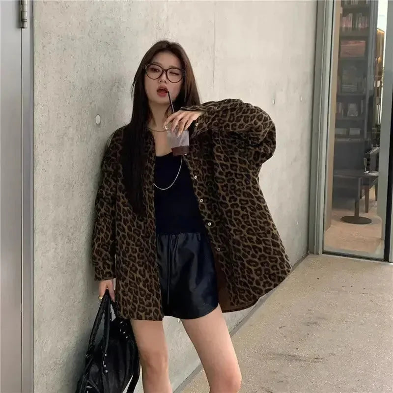 leopard print polo coat | faux leather jacket women | long sleeve shirt coat | ultrasonic cleaning