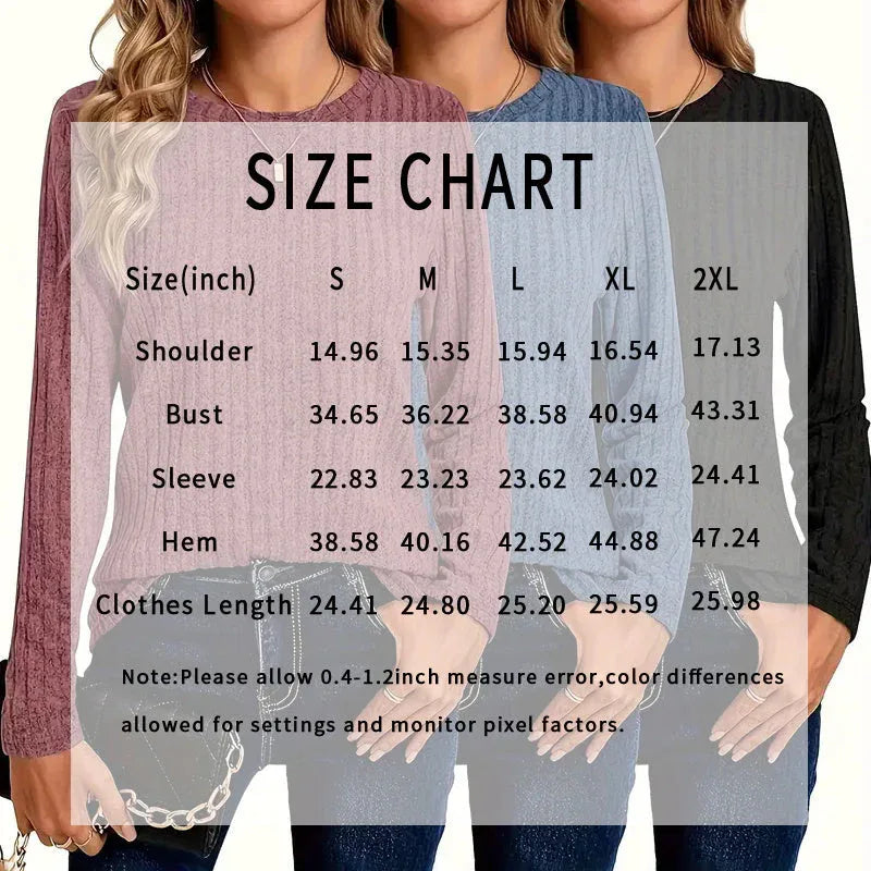 Women's 3 Pack Ribbed Knit Long Sleeve T-Shirt, Slim Fit Crewneck Top, Casual Basic Tee Meifu Market