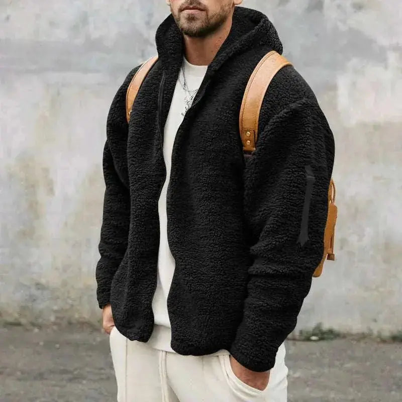 men fleece jacket | double-sided zipper coat | plush hooded jacket | energy saving