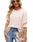 Women's Loose T-shirt With Elastic Sleeves Solid Color Outfit Fashion Tops Clothes 