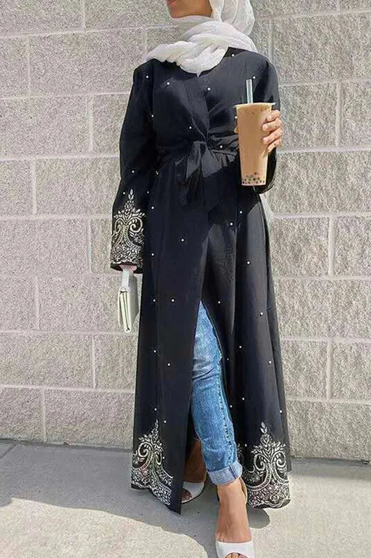 Long Sleeved Embroidered Beaded Robe Arabic Long Cardigan