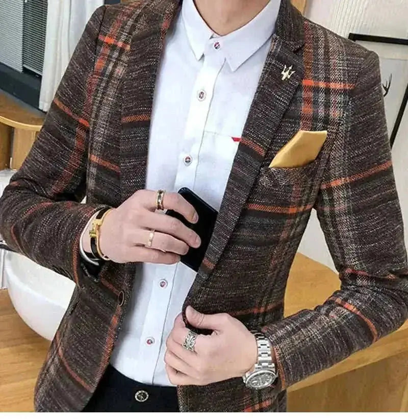 slim-fit plaid blazer | wool blend mens blazer | modern fit blazer jacket | energy saving