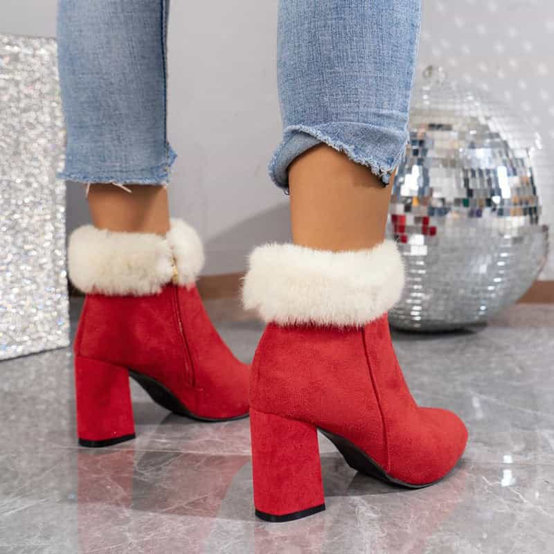 New Plaid Print Plush Ankle Boots Winter Fashoin Square Heel Suede Boots Women Casual Versatile Shoes Autumn And Winter