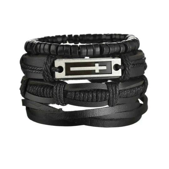 braided leather bracelet for men | vintage charm wood beads | adjustable wrap wristband | ultrasonic cleaning