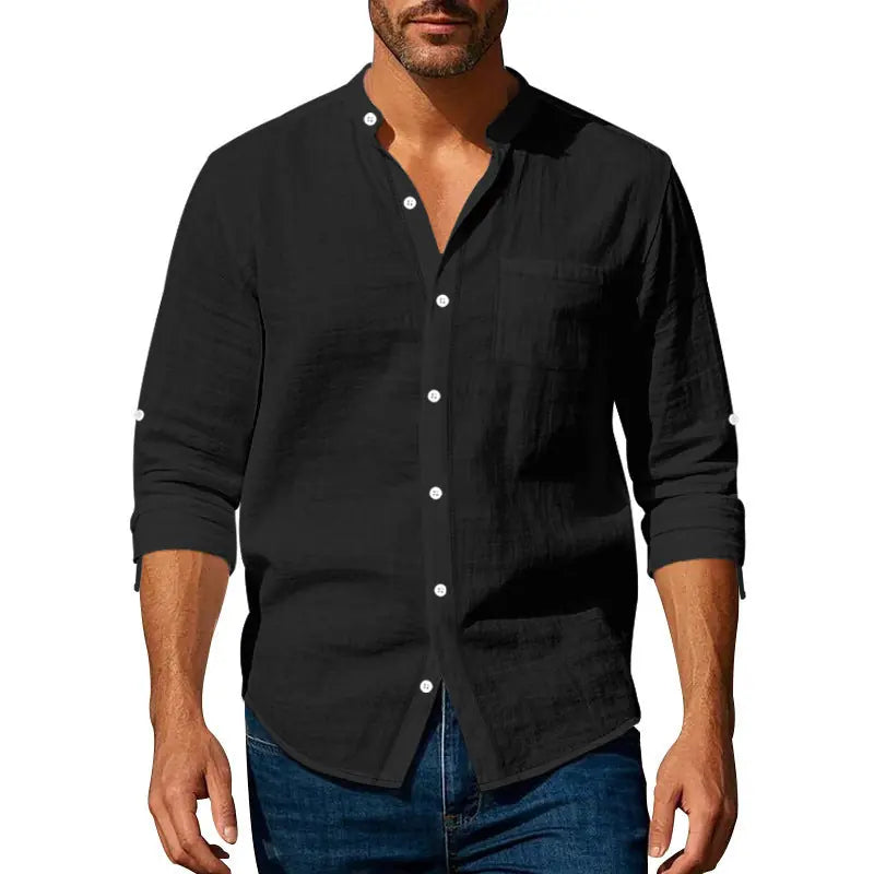 Long Sleeve Stand Collar Shirt With Pockets Casual Men's Clothing Meifu Market