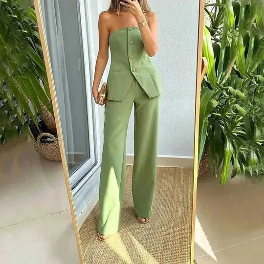 tube top and pants set | polyester spandex fabric | sleeveless button down top | ultrasonic cleaning