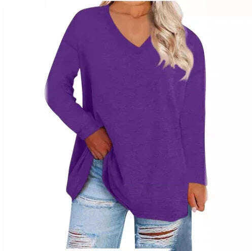Solid Color Loose Drop Shoulder Sleeve V Neck Long Sleeve Blouse Meifu Market